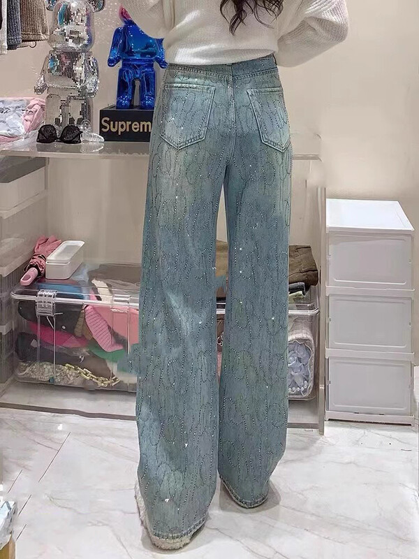 Deimantiniai džinsai moterims Blizgantys aukštu juosmeniu Laisvos plačios džinsinės kelnės Mėlynos Kalnų krištolinės kelnės Gatvės drabužiai madingos kelnės