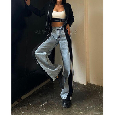 Divatos női farmer karcsú derék patchwork Colorblock magas derekú, hosszú sztreccs farmer nadrág egyenes nadrág széles szárú farmer