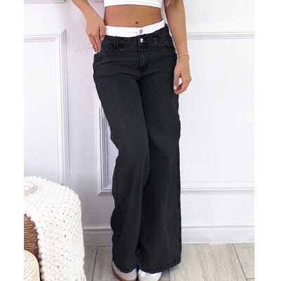 Divatos női farmer karcsú derék patchwork Colorblock magas derekú, hosszú sztreccs farmer nadrág egyenes nadrág széles szárú farmer