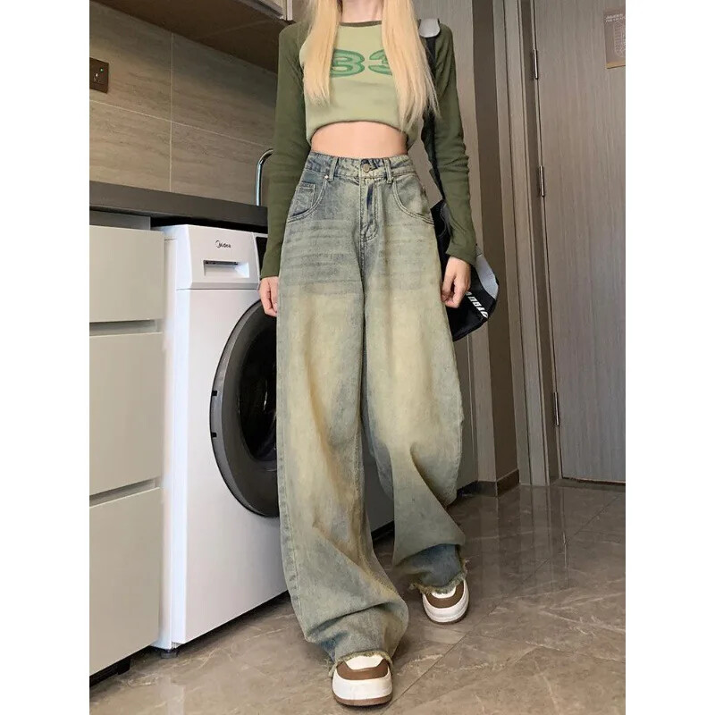 Vintage amerikai stílusú női farmer magas derekú, bő szabású, egyenes szárú karcsúsító rojtos drapériás nadrág őszi kicsi méret