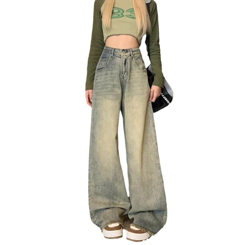 Vintage amerikai stílusú női farmer magas derekú, bő szabású, egyenes szárú karcsúsító rojtos drapériás nadrág őszi kicsi méret