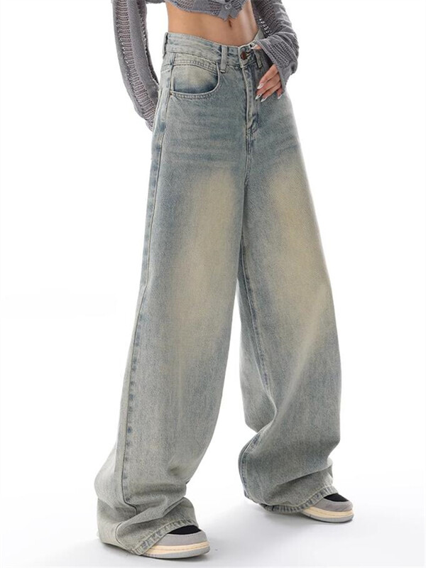Naiste Ameerika vintage pestud õhukesed teksad Tänava vabaaja neutraalse stiiliga sinised teksapüksid Naiste kõrge vöökohaga sirged püksid
