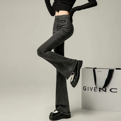 Őszi/téli női sokoldalú, magas derekú karcsúsító farmer nadrág rojtos niche design fekete/szürke