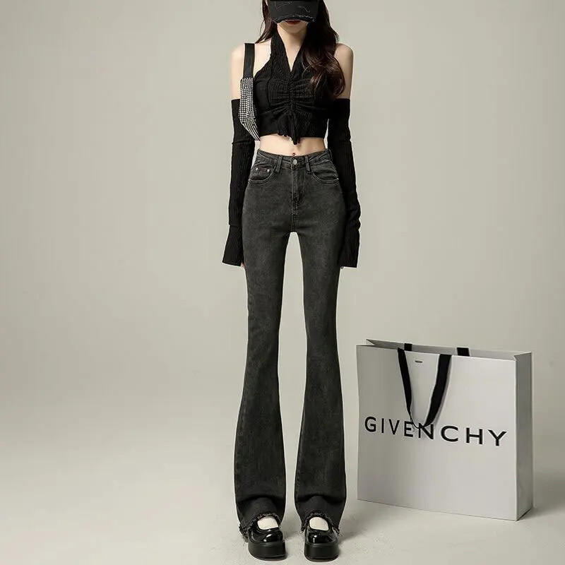 Őszi/téli női sokoldalú, magas derekú karcsúsító farmer nadrág rojtos niche design fekete/szürke