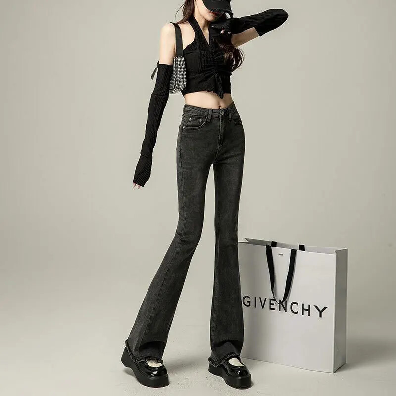 Őszi/téli női sokoldalú, magas derekú karcsúsító farmer nadrág rojtos niche design fekete/szürke