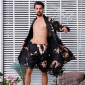 Liela izmēra 4XL 5XL vīriešu satīna halāta komplekts Dragon Print 2GB naktsveļa Silky Nighty & Robe komplekts Vīriešu ikdienas kimono kleita, brīvs mājas apģērbs