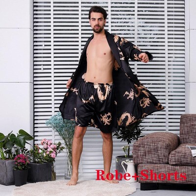 Liela izmēra 4XL 5XL vīriešu satīna halāta komplekts Dragon Print 2GB naktsveļa Silky Nighty & Robe komplekts Vīriešu ikdienas kimono kleita, brīvs mājas apģērbs