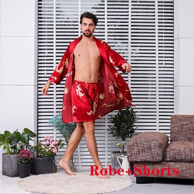 Liela izmēra 4XL 5XL vīriešu satīna halāta komplekts Dragon Print 2GB naktsveļa Silky Nighty & Robe komplekts Vīriešu ikdienas kimono kleita, brīvs mājas apģērbs