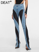 DEAT Fashion naiste teksad Slim Deconstruct paneelidega, kõrge vöökohaga, lõhestatud, sinised pikad teksapüksid, kevad 2025, uus 1DF2575