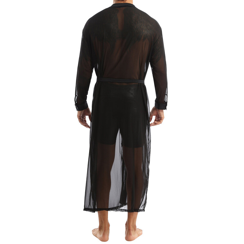 Vyriški permatomi atviro susiuvimo seksualūs apatiniai priekiniai tinkliniai permatomi ilgi laisvalaikio marškiniai paltai Chalatas Vyriškas gėjų apatinis trikotažas ilgomis rankovėmis