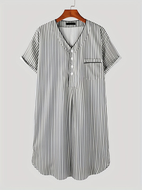 Vīriešu ikdienas naktskrekls ar pogām garām piedurknēm ar V veida kakla izgriezumu Modes mājas apģērbs brīvi pieguļošs, svītrains Premium pidžamas 2024. gada jaunums