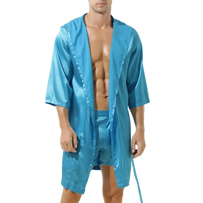 Meeste kapuutsiga lahtine satiinist siidist hommikumantel pidžaamad magamisriided, suures suuruses pitsiga öösärk Öörõivad pikkade varrukatega vannimantel Öörõivad