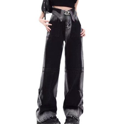 Amerikietiško stiliaus spalvotas blokas pikantiškas mergaitiškas plačių kojų džinsai moteriški retro maži laisvi džinsai madingi gatvės stiliaus medvilnės poliesterio audinys
