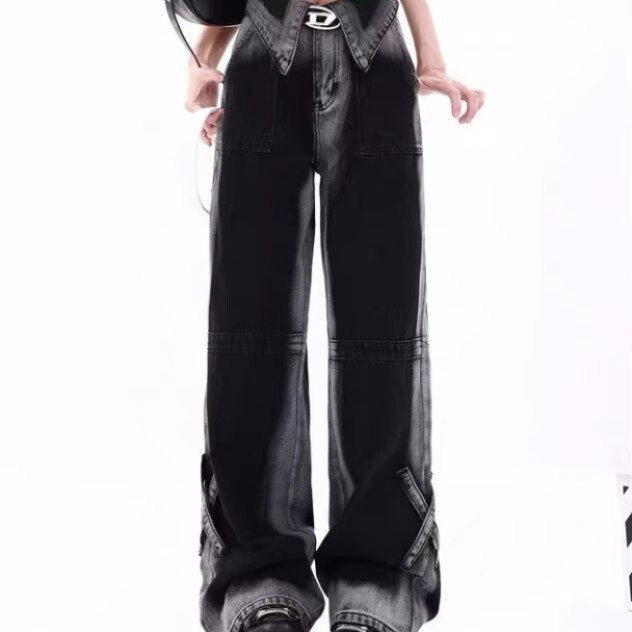 Amerikietiško stiliaus spalvotas blokas pikantiškas mergaitiškas plačių kojų džinsai moteriški retro maži laisvi džinsai madingi gatvės stiliaus medvilnės poliesterio audinys