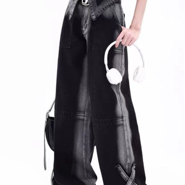 Amerikietiško stiliaus spalvotas blokas pikantiškas mergaitiškas plačių kojų džinsai moteriški retro maži laisvi džinsai madingi gatvės stiliaus medvilnės poliesterio audinys