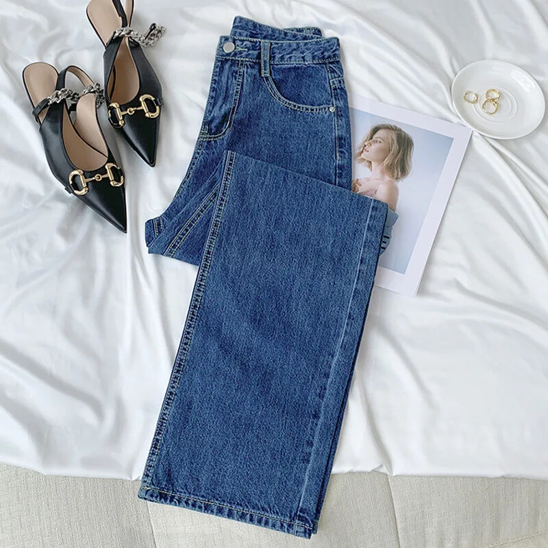 Vintažiniai tiesių kojų laisvi džinsai Moteriški džinsai aukštu juosmeniu, laisvalaikio liekninantys varpelio apačia Universalūs drabuzuoti ilgos madingos kelnės