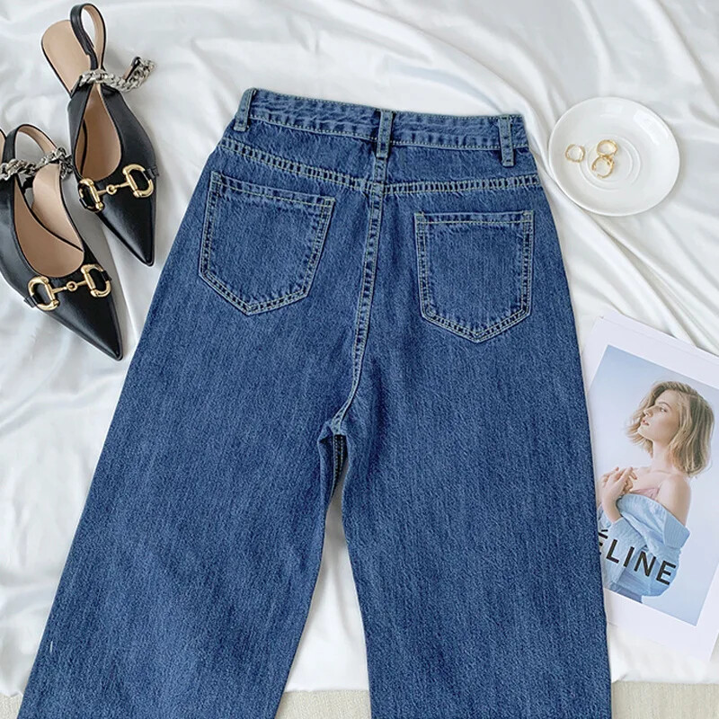 Vintažiniai tiesių kojų laisvi džinsai Moteriški džinsai aukštu juosmeniu, laisvalaikio liekninantys varpelio apačia Universalūs drabuzuoti ilgos madingos kelnės