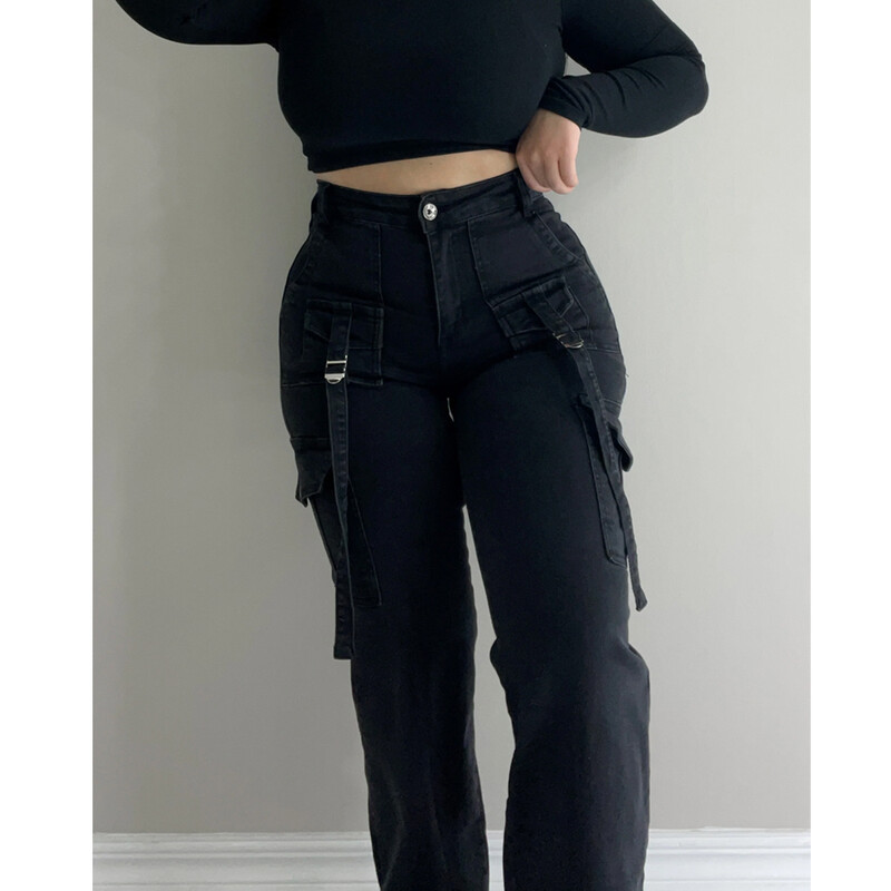 Modes Sieviešu ielas apģērbi sānu kabatā, taisni džinsi, taisni safari stila džinsi, plati džinsi, bikses, hip-hop ielas apģērbi