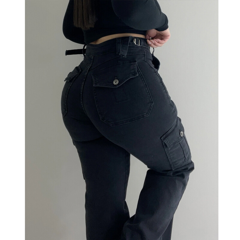 Modes Sieviešu ielas apģērbi sānu kabatā, taisni džinsi, taisni safari stila džinsi, plati džinsi, bikses, hip-hop ielas apģērbi