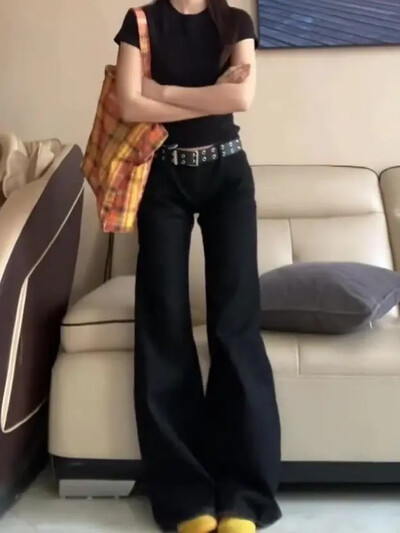 Melni džinsi ar zemu vidukli ar mikro uzplaiksnījumu sieviešu vasaras jauna stila amerikāņu vintage brīvi pieguļošas bikses ar platām kājām