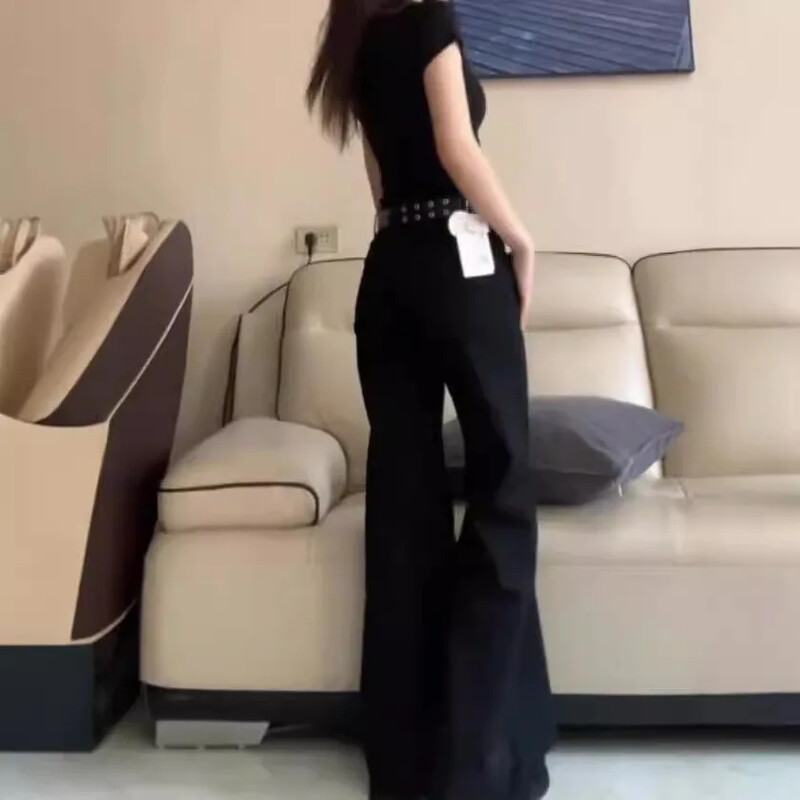 Melni džinsi ar zemu vidukli ar mikro uzplaiksnījumu sieviešu vasaras jauna stila amerikāņu vintage brīvi pieguļošas bikses ar platām kājām