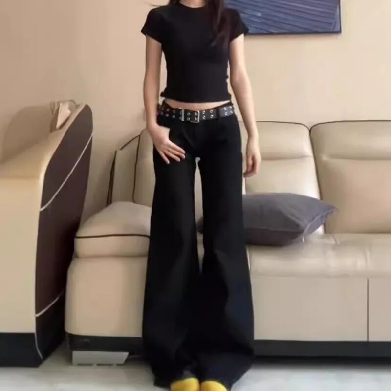 Melni džinsi ar zemu vidukli ar mikro uzplaiksnījumu sieviešu vasaras jauna stila amerikāņu vintage brīvi pieguļošas bikses ar platām kājām