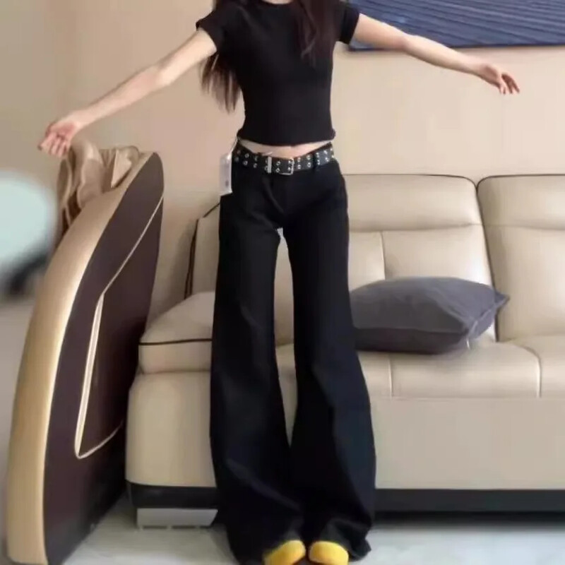 Melni džinsi ar zemu vidukli ar mikro uzplaiksnījumu sieviešu vasaras jauna stila amerikāņu vintage brīvi pieguļošas bikses ar platām kājām