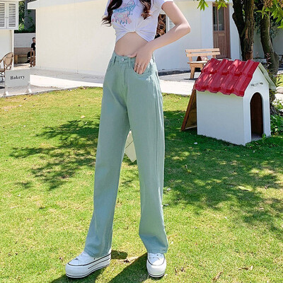 Lahtised sirge silindriga naiste teksad Kõrge vöökohaga salendavad pikad püksid Trendikas puuvillane kangas Mugav vabaaja stiil