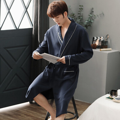 Tiszta pamut hosszú fürdőköntös tavaszi őszi kockás fürdőköpeny Férfi hálóruha Kimonó köntös Férfi teljes menyasszonyi köntös pongyola M-4XL