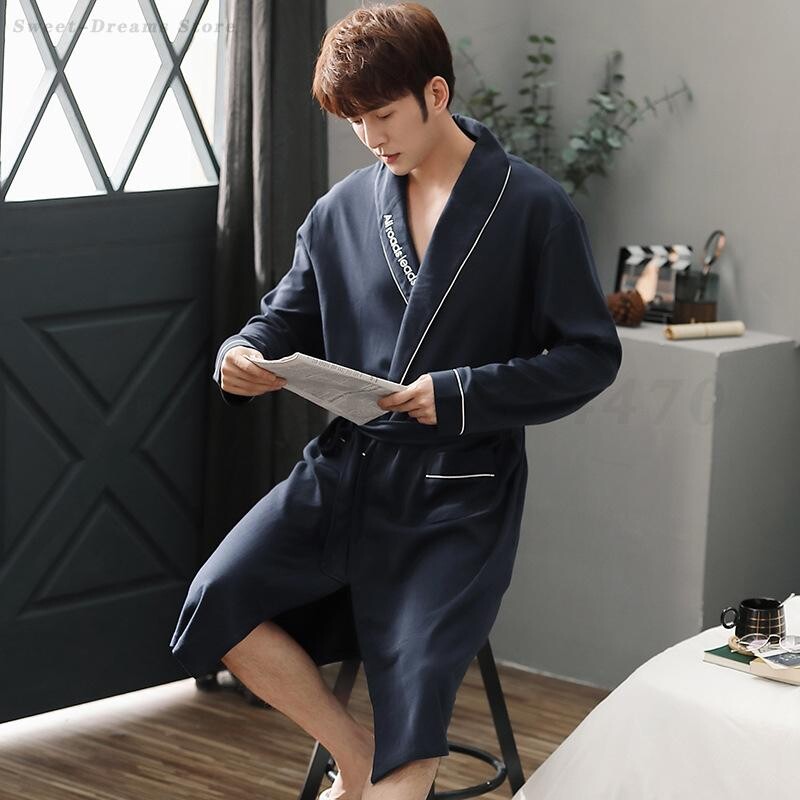 Tiszta pamut hosszú fürdőköntös tavaszi őszi kockás fürdőköpeny Férfi hálóruha Kimonó köntös Férfi teljes menyasszonyi köntös pongyola M-4XL