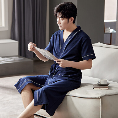 Madingi chalatai Naujo stiliaus ploni medvilniniai megzti vyriški chalatai su V kaklu Vyriški seksualūs miegui vasariniai vyriški kimono trumpomis rankovėmis pižamos L-4XL