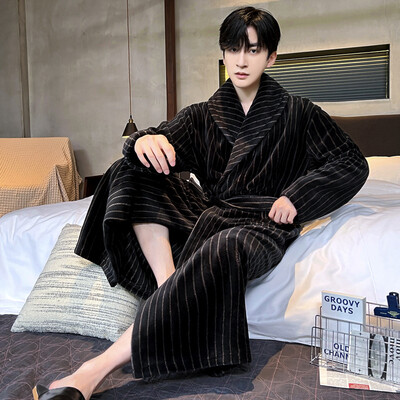 Vyriškas storas chalatas šiltas flanelinis chalatas kimono suknelė atverčiama apykakle naktiniai drabužiai žiemai rudeniniai miegui Laisvi poilsio drabužiai šilti namų drabužiai