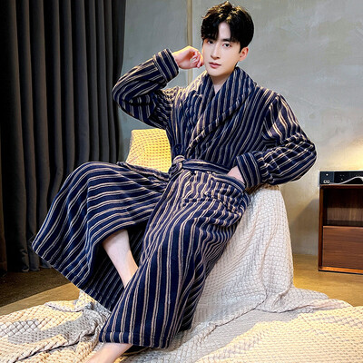 Vyriškas storas chalatas šiltas flanelinis chalatas kimono suknelė atverčiama apykakle naktiniai drabužiai žiemai rudeniniai miegui Laisvi poilsio drabužiai šilti namų drabužiai