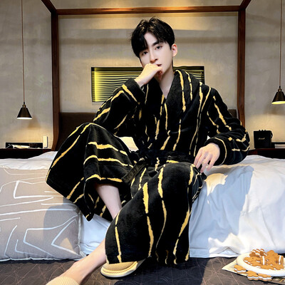 Vyriškas storas chalatas šiltas flanelinis chalatas kimono suknelė atverčiama apykakle naktiniai drabužiai žiemai rudeniniai miegui Laisvi poilsio drabužiai šilti namų drabužiai