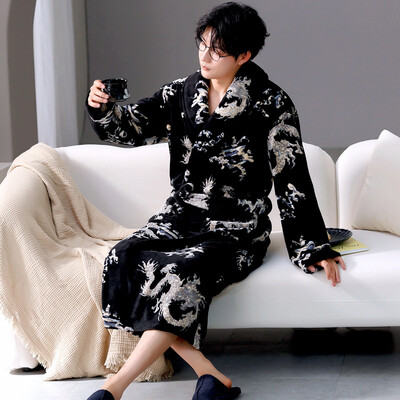 Vyriškas storas chalatas šiltas flanelinis chalatas kimono suknelė atverčiama apykakle naktiniai drabužiai žiemai rudeniniai miegui Laisvi poilsio drabužiai šilti namų drabužiai