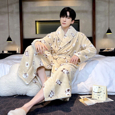 Vyriškas storas chalatas šiltas flanelinis chalatas kimono suknelė atverčiama apykakle naktiniai drabužiai žiemai rudeniniai miegui Laisvi poilsio drabužiai šilti namų drabužiai