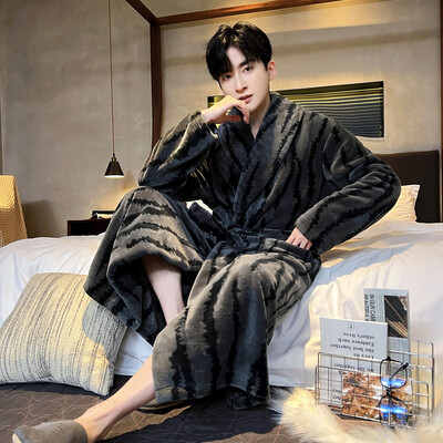 Vyriškas storas chalatas šiltas flanelinis chalatas kimono suknelė atverčiama apykakle naktiniai drabužiai žiemai rudeniniai miegui Laisvi poilsio drabužiai šilti namų drabužiai