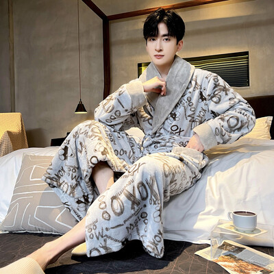 Vyriškas storas chalatas šiltas flanelinis chalatas kimono suknelė atverčiama apykakle naktiniai drabužiai žiemai rudeniniai miegui Laisvi poilsio drabužiai šilti namų drabužiai