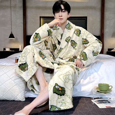 Vyriškas storas chalatas šiltas flanelinis chalatas kimono suknelė atverčiama apykakle naktiniai drabužiai žiemai rudeniniai miegui Laisvi poilsio drabužiai šilti namų drabužiai