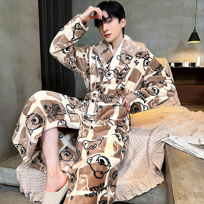 Vyriškas storas chalatas šiltas flanelinis chalatas kimono suknelė atverčiama apykakle naktiniai drabužiai žiemai rudeniniai miegui Laisvi poilsio drabužiai šilti namų drabužiai