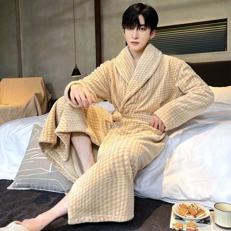 Vyriškas storas chalatas šiltas flanelinis chalatas kimono suknelė atverčiama apykakle naktiniai drabužiai žiemai rudeniniai miegui Laisvi poilsio drabužiai šilti namų drabužiai