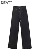 DEAT sieviešu džinsi ar augstu vidukli, vienpusēji pilns Rhinestone melns, taisns, plats džinsa bikses 2025. gada jaunais modes pavasaris 29L8628