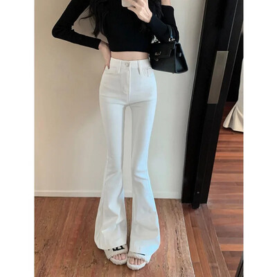 White Bell Bottoms Džinsi Sieviešu ar augstu vidukli elastīgas Taisnas džinsa bikses Rudens/ziemas plāns audums vilkšana