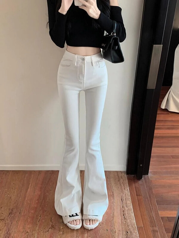 White Bell Bottoms Džinsi Sieviešu ar augstu vidukli elastīgas Taisnas džinsa bikses Rudens/ziemas plāns audums vilkšana