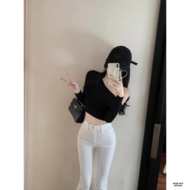 White Bell Bottoms Džinsi Sieviešu ar augstu vidukli elastīgas Taisnas džinsa bikses Rudens/ziemas plāns audums vilkšana