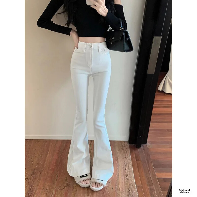 White Bell Bottoms Džinsi Sieviešu ar augstu vidukli elastīgas Taisnas džinsa bikses Rudens/ziemas plāns audums vilkšana