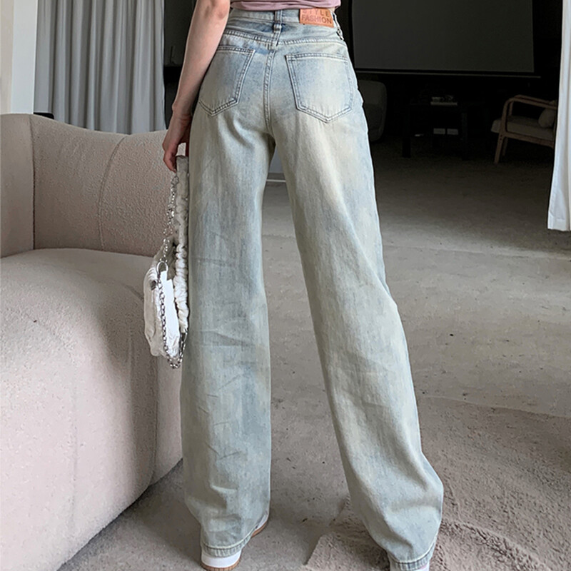 Retro Distressed plačių kojų džinsai moterims Nauji pavasario/vasaros aukštu juosmeniu laisvos plonos tiesios kelnės Minimalistiniai mėlyni džinsai