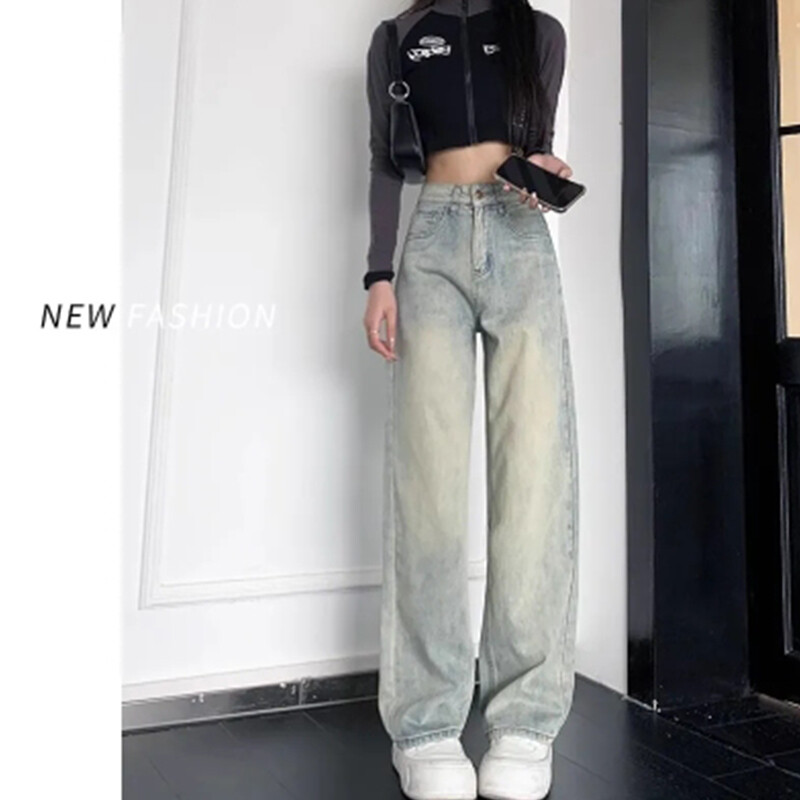 Retro Distressed plačių kojų džinsai moterims Nauji pavasario/vasaros aukštu juosmeniu laisvos plonos tiesios kelnės Minimalistiniai mėlyni džinsai