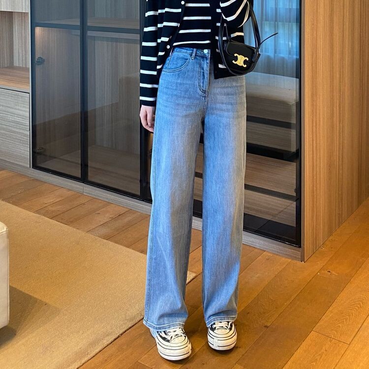 2025 tavaszi új női nadrág design Sense magas derekú megjelenés vékony, egyenes szárú nadrág, bő, széles szárú, padlón húzódó farmernadrág nőknek