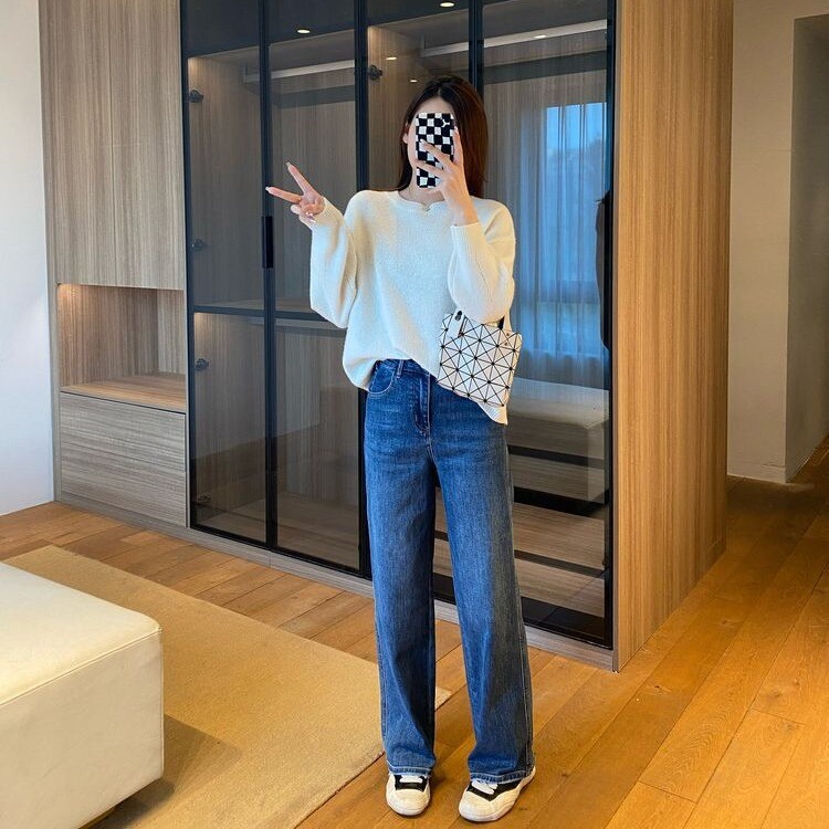 2025 tavaszi új női nadrág design Sense magas derekú megjelenés vékony, egyenes szárú nadrág, bő, széles szárú, padlón húzódó farmernadrág nőknek